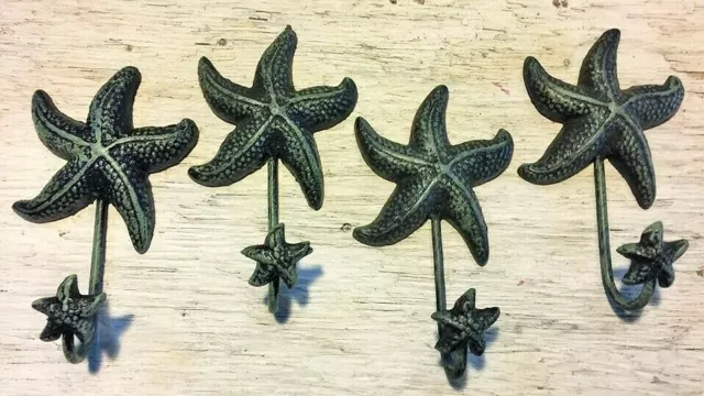 SET OF 4 ANTIQUE BLUE GRAY STARFISH HOOKS ocean star fish seashell beach 6" in