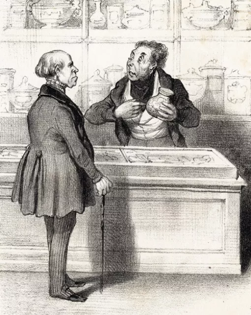 Antique Print-Robert Macaire-68-Selling a fake perfume to customer-Daumier-1840