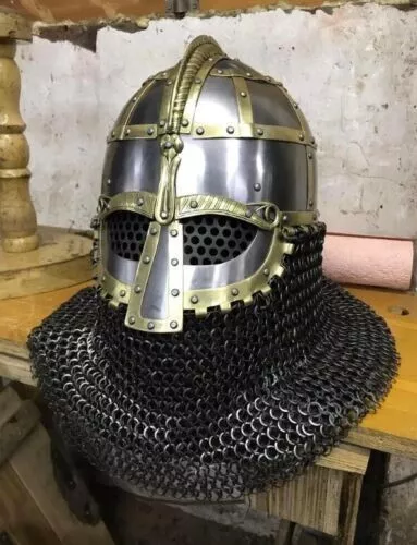 14GA SCA Vendel Medieval Viking Helmet Knight With Chainmail Helmet Viking Brass