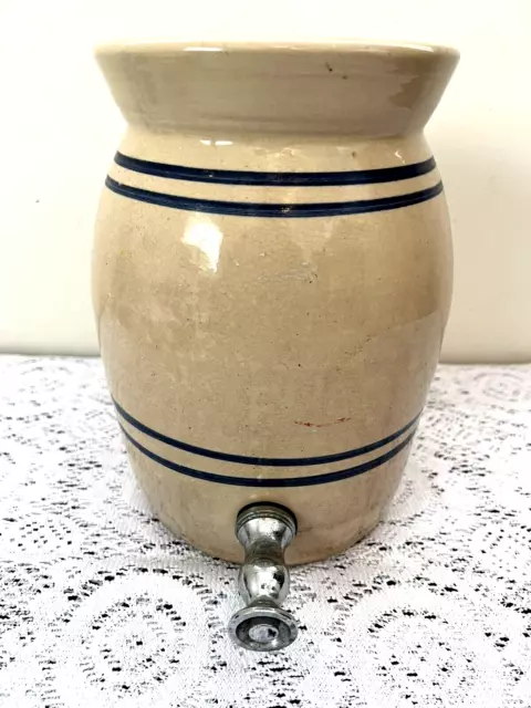 Antique Vintage Marshall Pottery Stoneware Covered  Crock w Lid Blue  Dispencer