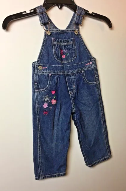 Girl's Osh Kosh Bgosh Denim Jeans Overalls Vestbak Sz 12 Months Hearts Applique