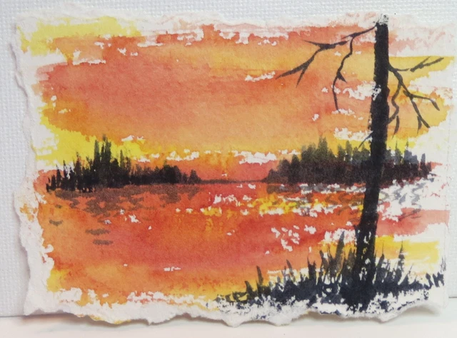 ACEO  Original Watercolors   "Bright Sunset"   by Janet Hufnagle lake trees ooak
