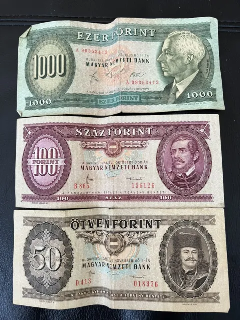 Vintage Hungary Budapest Banknotes 1000 Forint 100 Forint 50 Forint Lot 