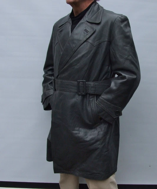 VINTAGE GERMAN REAL Heavy Leather Officers Trench Coat WW2 size L / XL