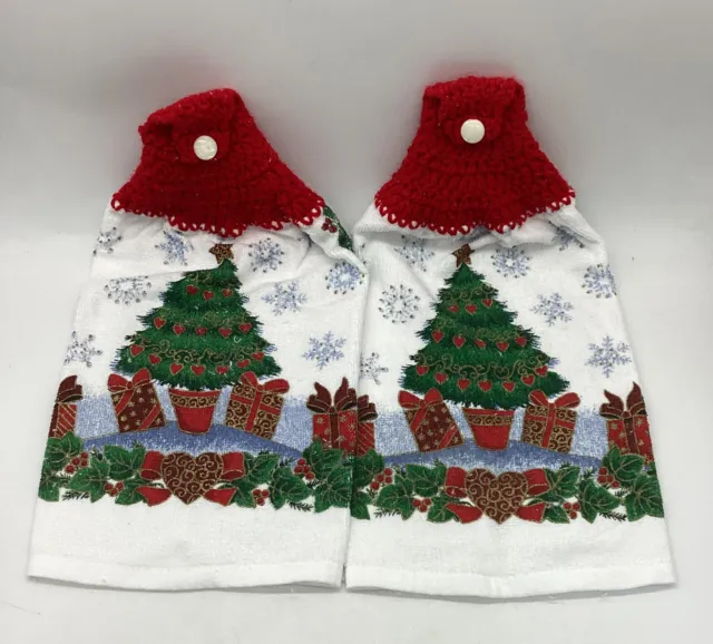 One Pair Hand Crocheted Top Hanging Kitchen Towels, Christmas Design New