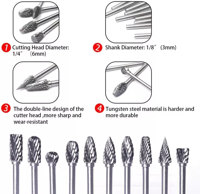 Tungsten Carbide Rotary Burr Bit Set 1/8" Cutting Carving Burrs for Dremel Tool 2