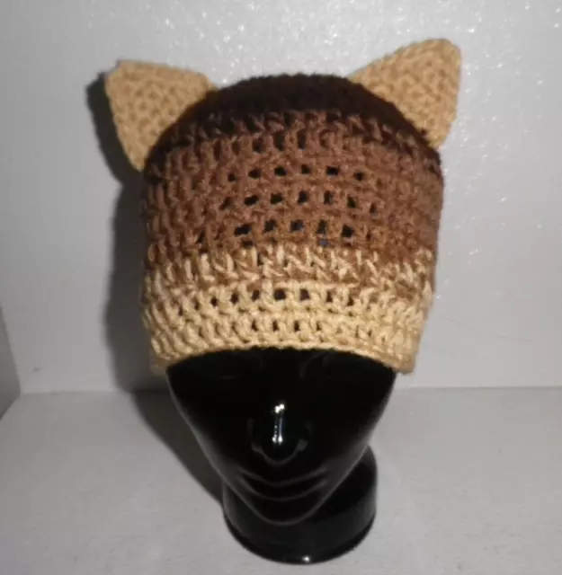 Hat Beanie Cap Adult Size Cat Ears HandMade USA Crochet Knit Brown Siamese