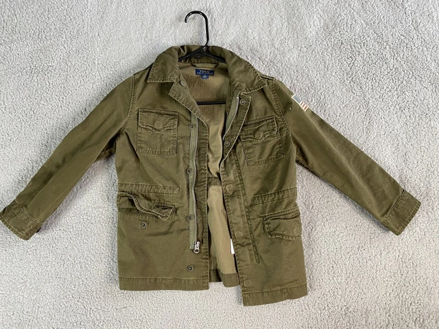 Polo Ralph Lauren Green Military Jacket Boys Size 6 Coat USA Flag Patch Full Zip