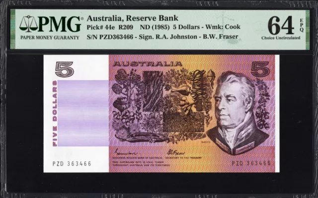 Australia 5 Dollars P44e R209 1985 Johnston Fraser PMG64 Choice UNC EPQ GOTHIC