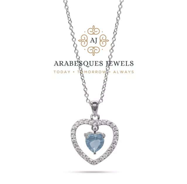 Ladies March Aquamarine Heart Birthstone Necklace Pendant. Sterling Silver 925