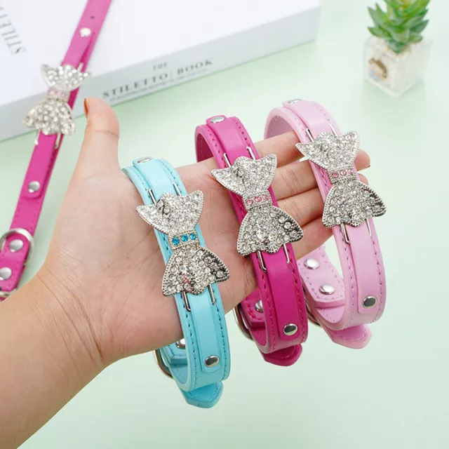 Bling Crystal Rhinestone Bow Tie Leather Pet Cat Puppy Dog Collar Necklace S-XL