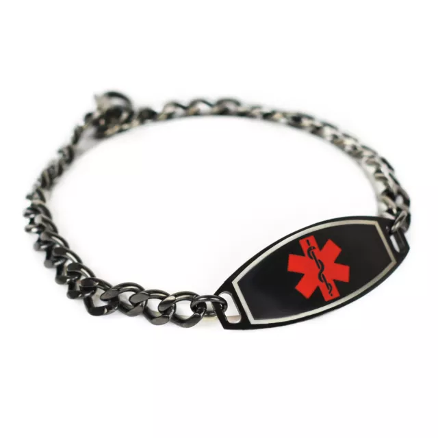 MyIDDr - Engraved Diabetes Type 1 ID Bracelet, Steel Black ID & Curb Chain