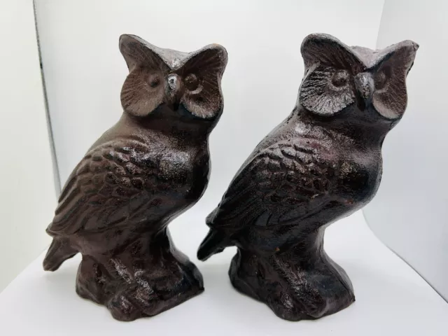 Vtg Pair Cast Iron OWL Book Ends Doorstops Brown Home Decor Statue 6 3/4" Tall