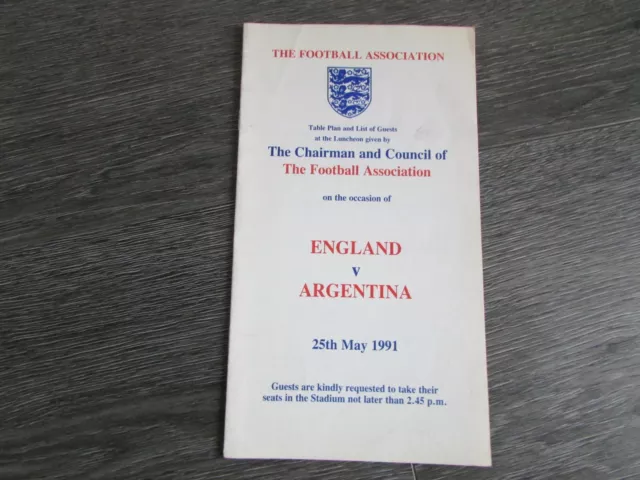 England v Argentina 1991 Challenge Cup Wembley Menu Table Plan & Guest List