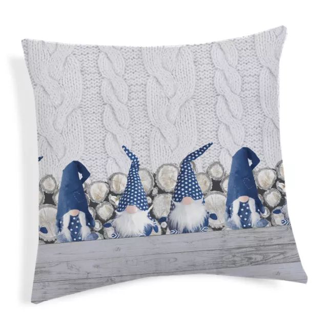 Cuscino Arredo Imbottito Con Zip Gnomi Fiabe Legno Blu 100% Cotone Made Italy
