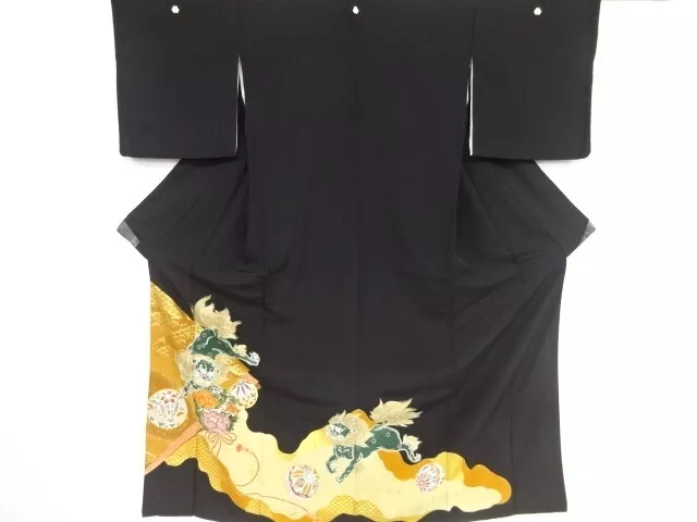 80134# Japanese Kimono / Antique Tomesode / Embroidery / Lion & Mari Ball