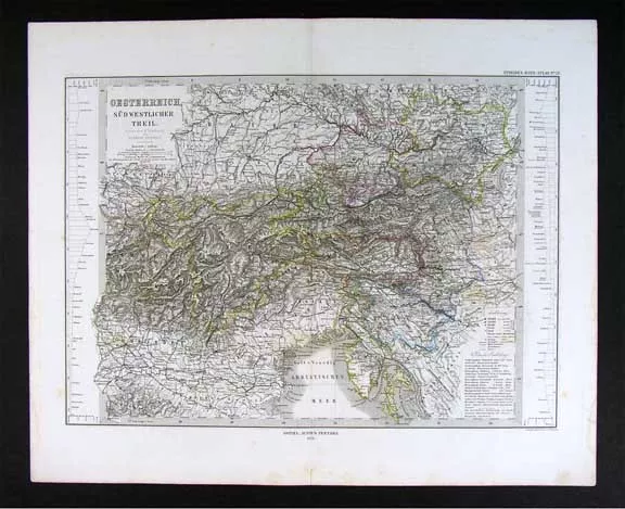 1876 Stieler Map Austria Switzerland Italy Alps Europe