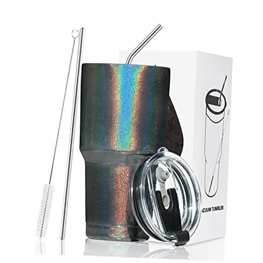 30 oz Stainless Steel Insulated Tumbler Travel Mug with Straw Glitter Black