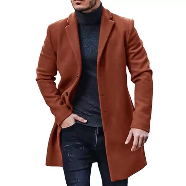 Woolen Mens Trench Coat Winter Lapel Long Jacket Overcoat Fomal Button Outwear