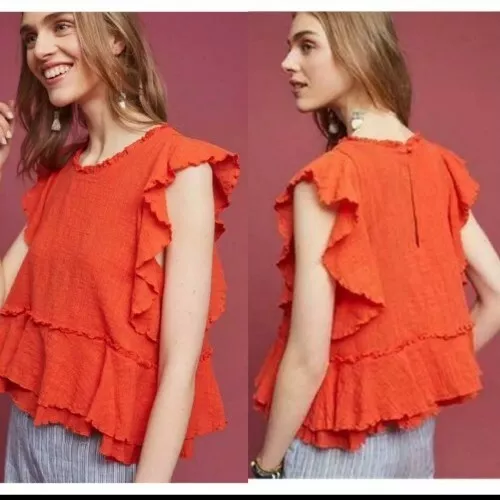 Maeve Top Size Small Orange Flutter Sleeve Boho Tiered Anthropologie S Ruffles
