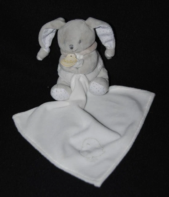 Peluche doudou lapin gris blanc BABY NAT' mouchoir oiseau brodé 10 cm NEUF