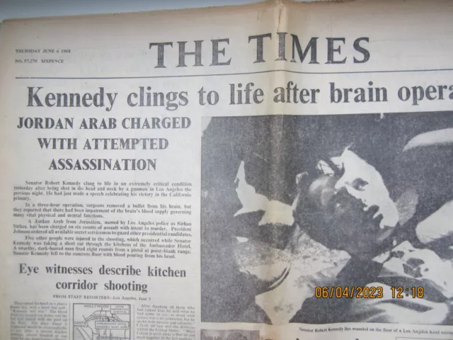 THE TIMES, June 6, 1968. Assassination of Robert KENNEDY...