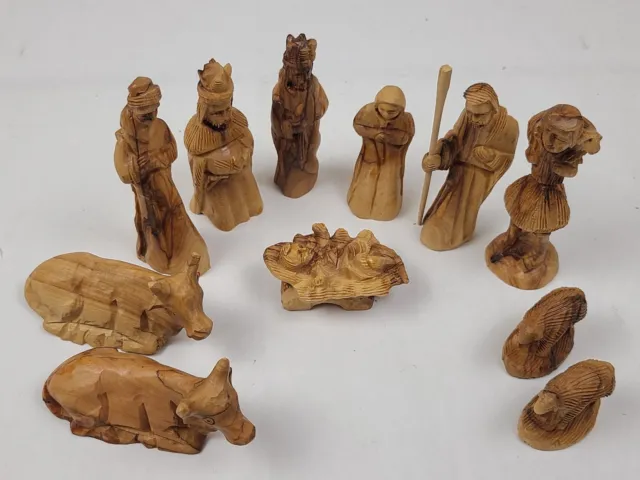 Hand Carved Nativity Set Scene Wood Wooden 11 Piece Figure Christmas Holiday Vtg