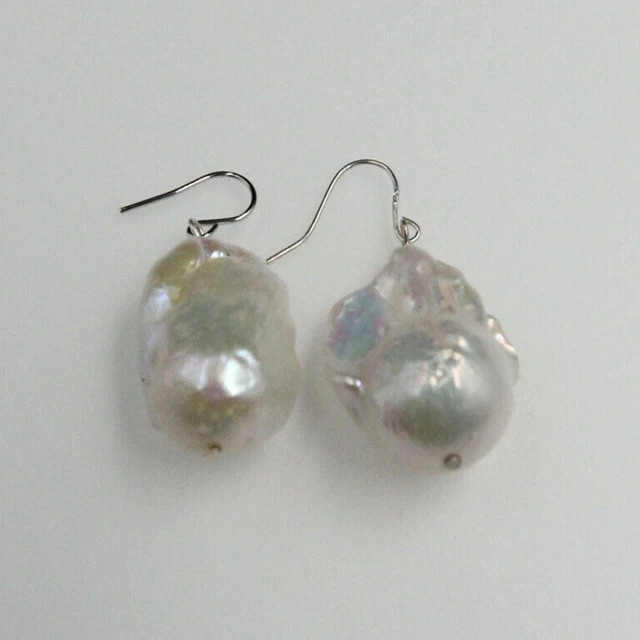Natural 15-22 mm White Southsea Baroque Pearl 925 silver Earrings Gift Beautiful
