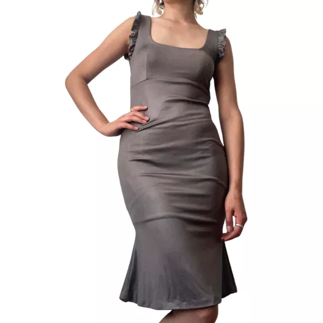 Arrogant Cat Womens Grey Midi Dress with Square Neck and Low Cut Back Size 10