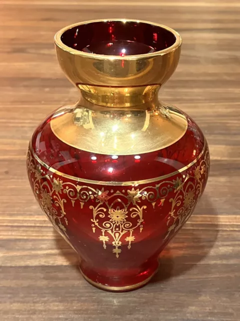 Vintage, Murano Venetian Ruby Red 5 “ Glass Vase, 24K Gold Trim, Excellent, Boho