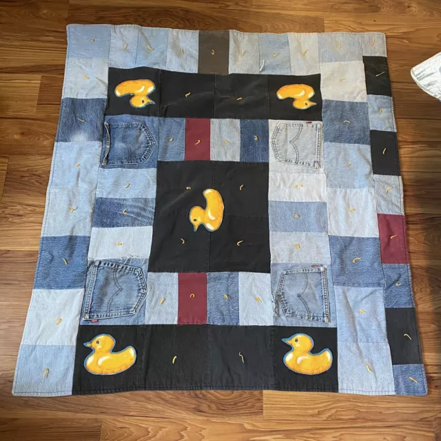 Handmade Blue Jean Quilt Throw Blanket 48”X 26” Lined W/ Fleece Little Duckies.￼