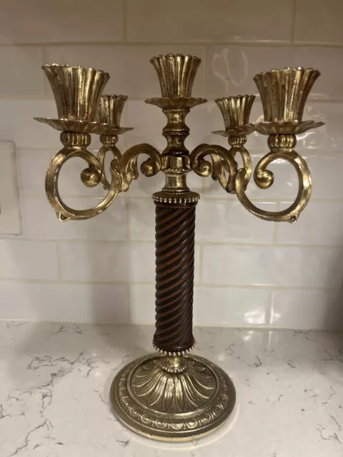 Mid Century Hallmark Brass And Wooden Five Candle Candelabra 1950’s Antique 2