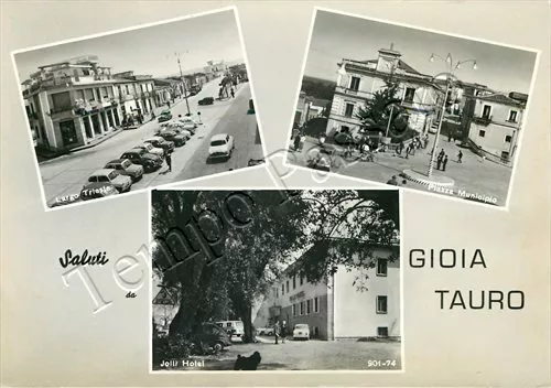 Cartolina Saluti da Gioia Tauro, municipio e hotel - Reggio Calabria, 1963