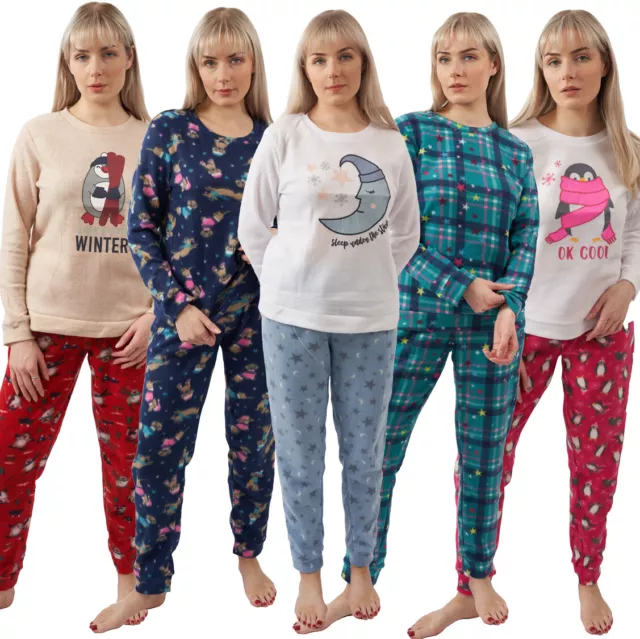 Womens Ladies Fleece Christmas Pyjamas PJ Top Bottoms Set Loungewear Size 6-22