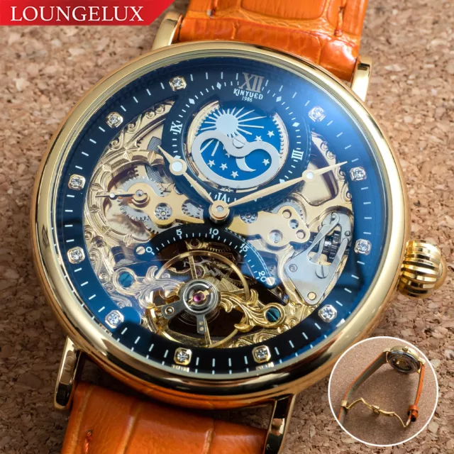 Mens Gold Dual Time Skeleton Automatic Mechanical Watch Black Orange Leather