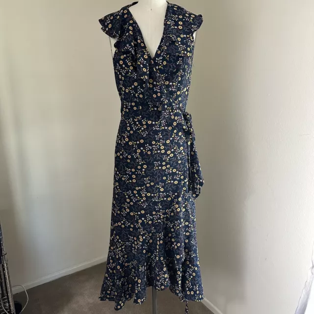 Max Studio Womens XS Patterned Ruffle Tie Midi Dress Blue Floral