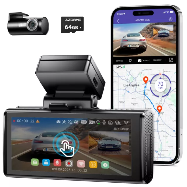 AZDOME 4K+1080P 5K Car Camera 64GB Card 5GHz WiFi GPS Parking Mode Dual Dash Cam
