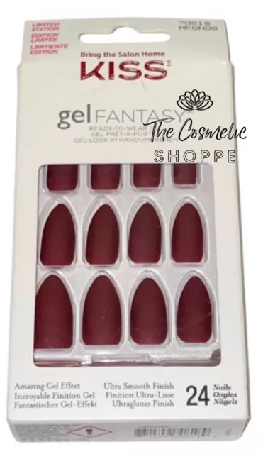 KISS Gel Fantasy Matte Burgundy Glue On Stiletto Shape Medium Length Nails x1