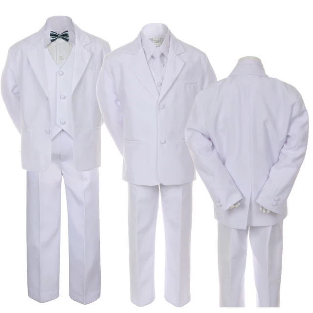 New 6pc Boys Toddler Kids Formal Wedding White Tuxedo Suits + a Free Bow Tie