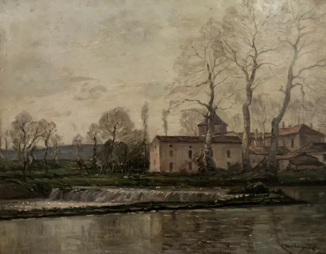 Tableau Ancien Signé Castaignet, Paysage Au Moulin, Aquitaine, Peinture, XIXe