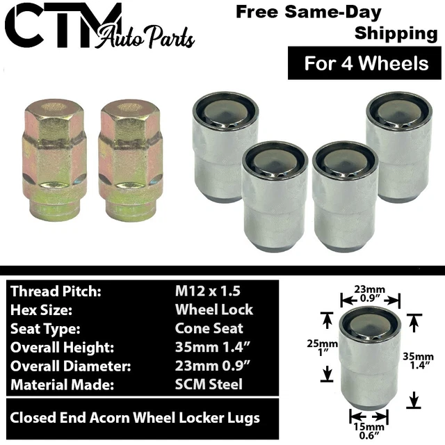 4x Chrome M12x1.5 Cone Seat Anti-Theft Wheel Lock Lug Nut+ 2Key Fit Ford Lincoln