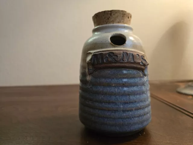 M&M's Candy Jar Studio Pottery Dispenser Signed 1993 Handmade Blue Glaze SEE VID