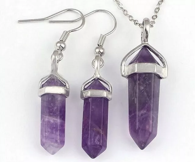 Gemstone crystal hexagonal point necklace pendant earrings set reiki healing