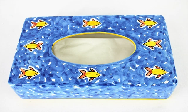 CERAMIC TISSUE BOX Bathroom Accessory Blue Fish Motif Hand Painted in Portugal