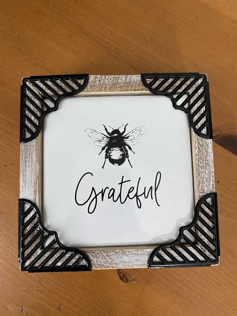 BEE GRATEFUL Farmhouse Sign Wall Shelf Wood Enamel Metal Black & White