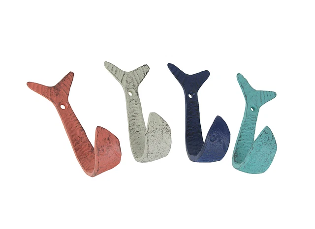 Zeckos Set of 4 Cast Iron Flipping Fish Decorative Wall Hooks