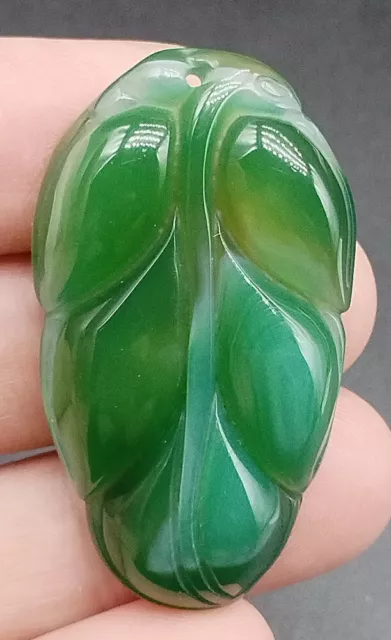 Certified Green Natural A Agate Chalcedony Fine Hand Carved Leaf Lucky Pendant