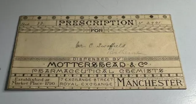 Antique Prescription Envelope  Mottershead Chemist Manchester To Mr C Swaffield