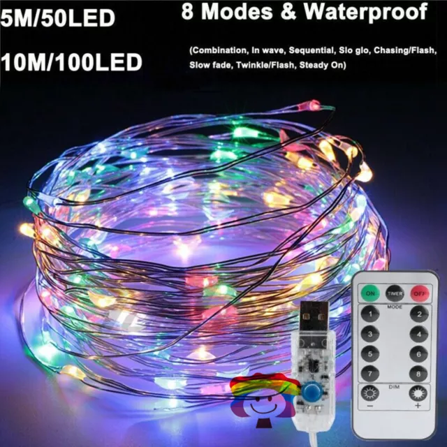 USB Twinkle LED String Fairy Lights 5-20M 50/100/200LED Copper Wire Party Remote
