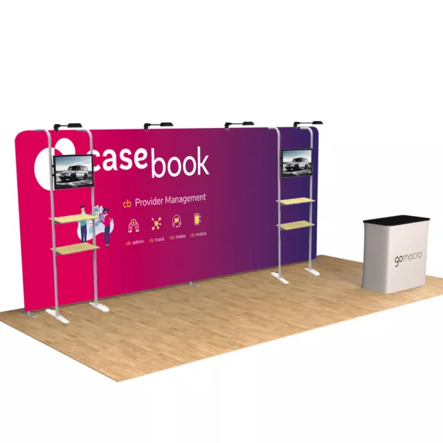 20ft Tension Fabric Trade Show Displays Booth with TV Stands Shelves Podium